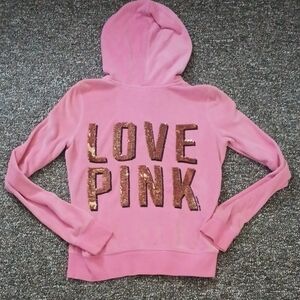 Victoria's Secret Pink Woman's Zip Hoodie W/ Dog Logo Velvet Sequin Detailing S